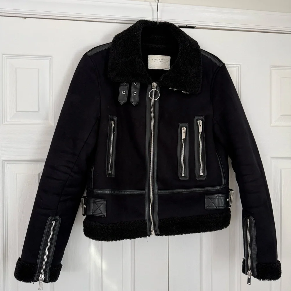 Zara Black Faux Suede Shearling Biker Jacket, Size Medium - Picture 2 of 3